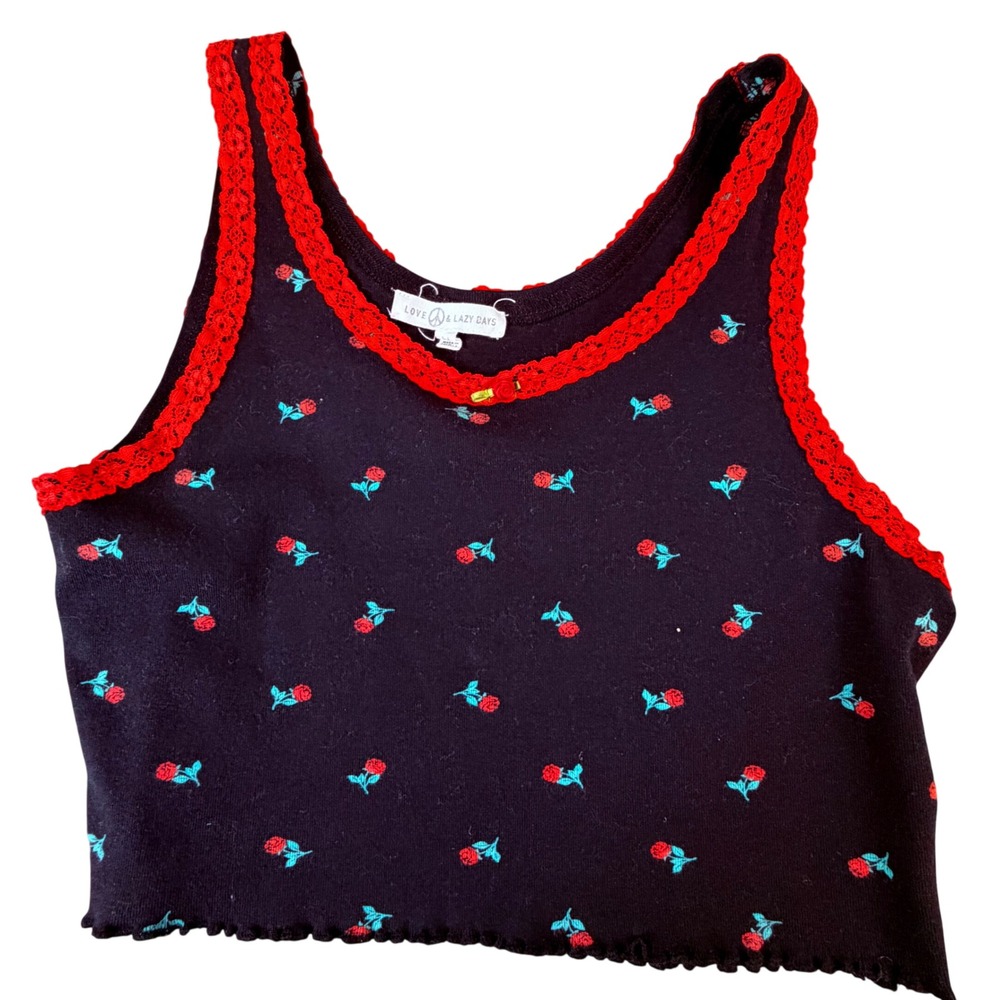 Love & Lazy Days Black Rose Print Crop Tank Top Red Lace Trim‎ Cotton Medium